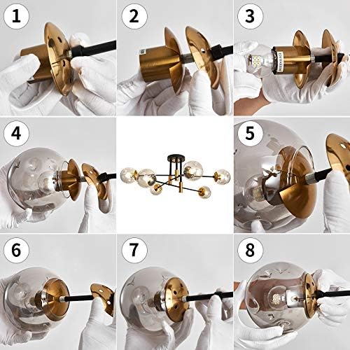 NEW 6-Lights Glass Globe Sputnik Chandelier Modern Flush Mount Ceiling Light ,Black and Gold
