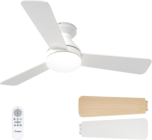 NEW Amico 42 Inch Ceiling Fans 3 Blade with Lights and Remote, Low Profile, White
