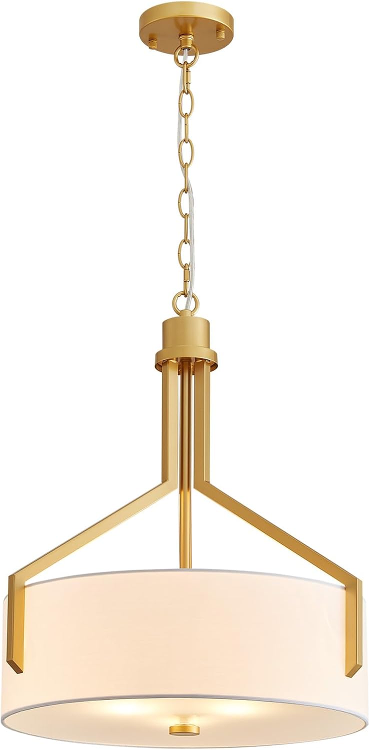 NEW/OPEN BOX  GlowEasely Mid-Century Round Fabric Chandeliers, 3-Light White Textured Linen Shade