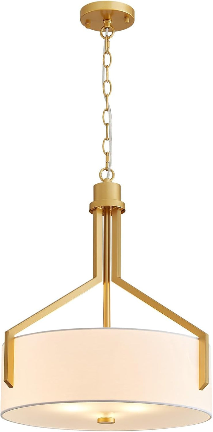 NEW/OPEN BOX  GlowEasely Mid-Century Round Fabric Chandeliers, 3-Light White Textured Linen Shade