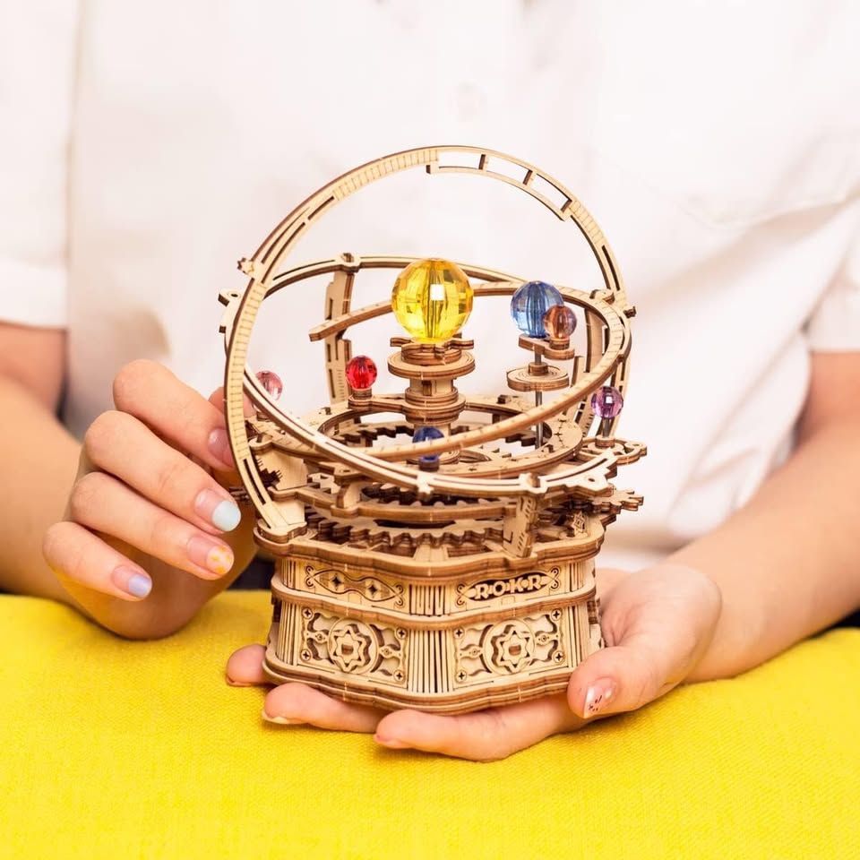 ROKR 3D Wooden Puzzle Orrery Music Box Mechanical DIY Solar System Kit ,AMK51