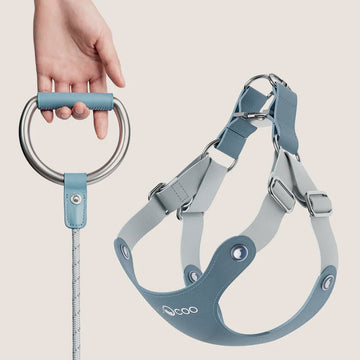VOOCOO Pet Harness and Leash Set size M Metal accents, Steel Blue