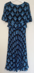 BNWT Club Monaco Gostanzah Pleated Midi Dress Blue Diamond Print Ruffle /N5/127