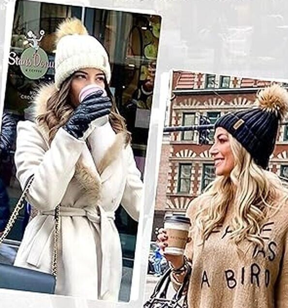 New FURTALK Womens Winter Knitted Beanie Hat w/ Faux Fur Pom Beige RA8/225