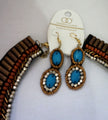 Boho style collar Beaded Turquoise Blue Gold Bib Necklace + earrings ofN/223