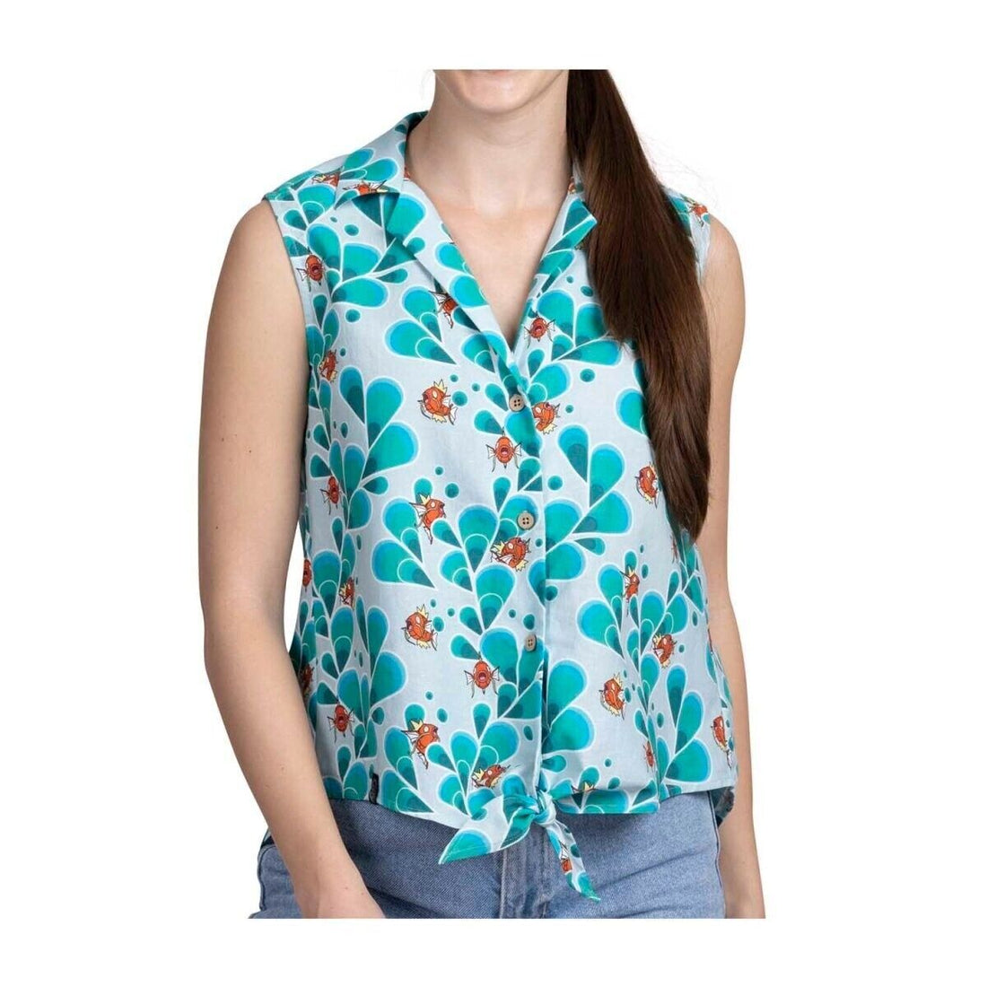 New Pokemon Center Tropical Magikarp Light Blue Sleeveless XS women Shirt RG1/220