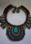 Boho style collar Beaded Turquoise Blue Gold Bib Necklace + earrings ofN/221