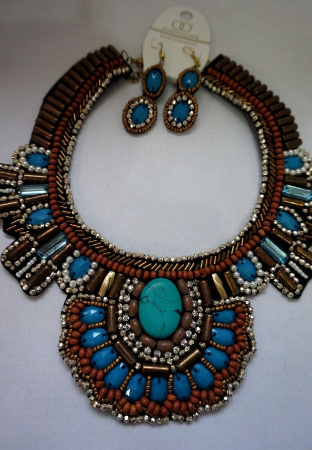 Boho style collar Beaded Turquoise Blue Gold Bib Necklace + earrings ofN/221