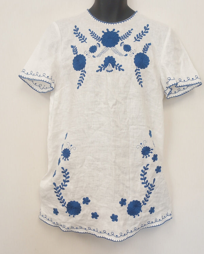 BNWT Zara White / Blue EMBROIDERED Mini LINEN  Dress  size - S  /CH15/125