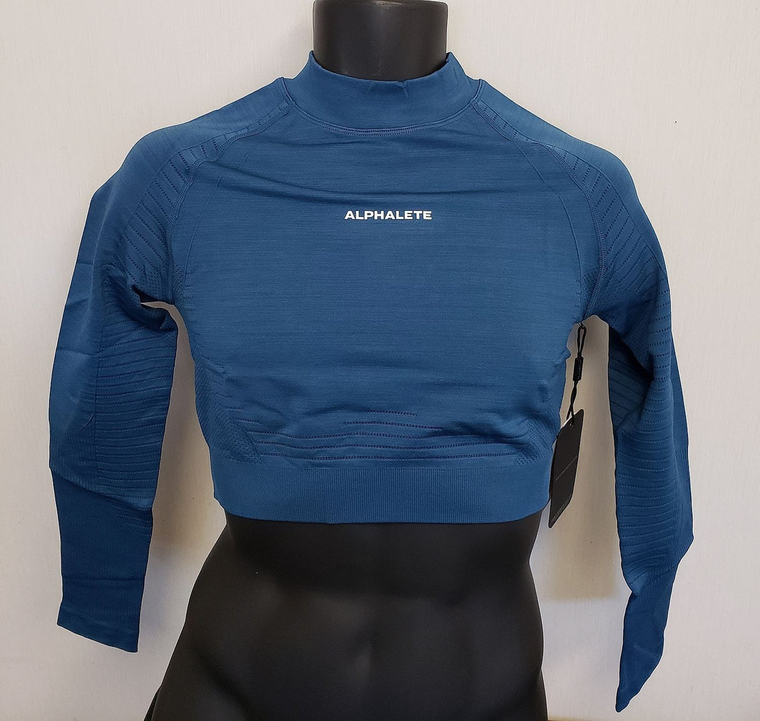 NEW Alphalete Ozone High Neck Ls Crop -Atlantic Blue Size S DD11/20