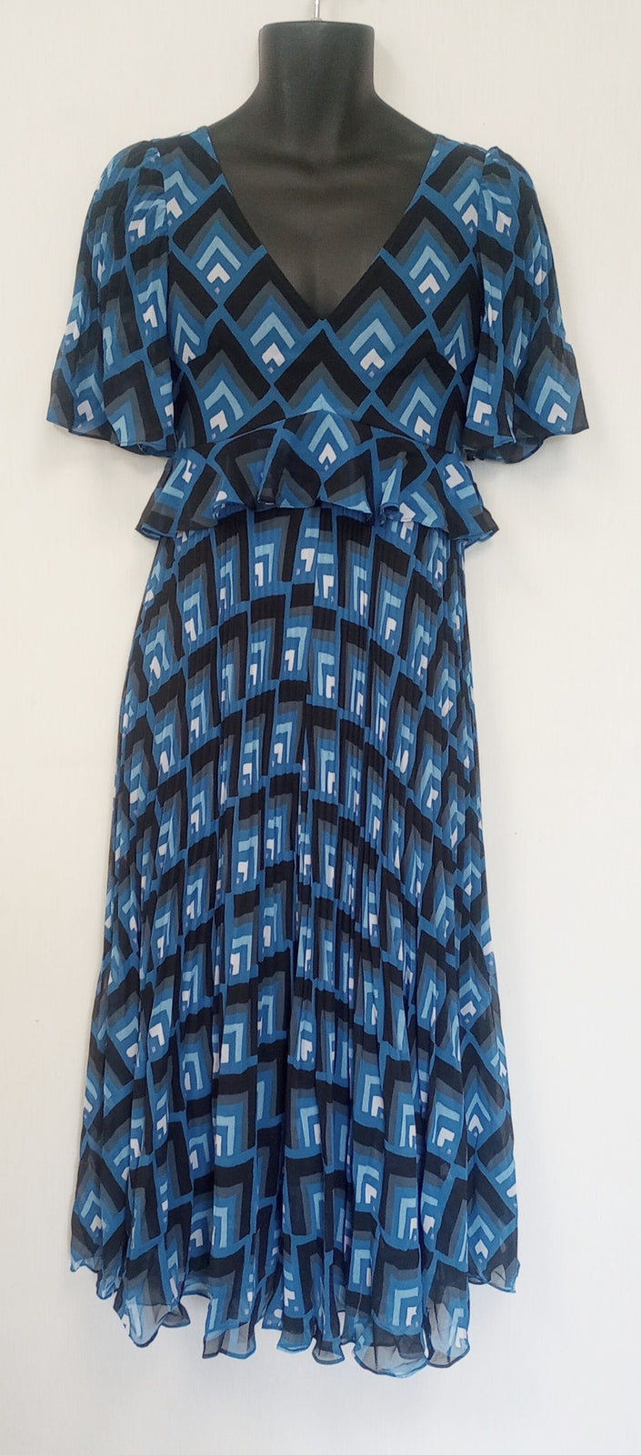 BNWT Club Monaco Gostanzah Pleated Midi Dress Blue Diamond Print Ruffle /N5/121