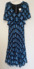 BNWT Club Monaco Gostanzah Pleated Midi Dress Blue Diamond Print Ruffle /N5/124
