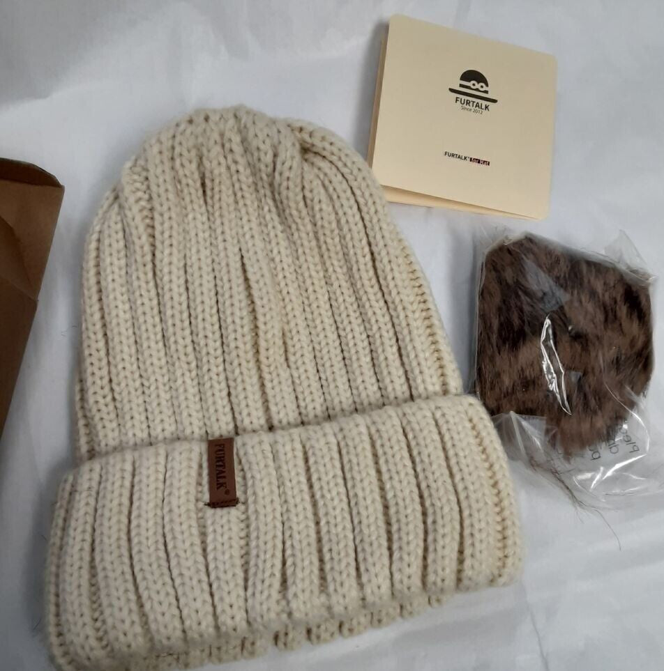 New FURTALK Womens Winter Knitted Beanie Hat w/ Faux Fur Pom Beige RA8/220