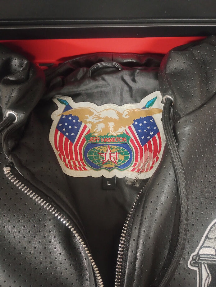 NEW Jeff Hamilton Solid Black Leather Lined Hooded Jacket - Lions NFL /CH214