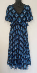 BNWT Club Monaco Gostanzah Pleated Midi Dress Blue Diamond Print Ruffle /N5/122
