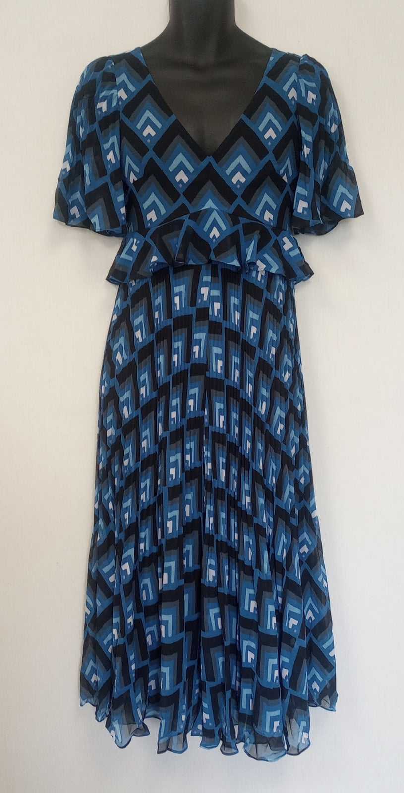 BNWT Club Monaco Gostanzah Pleated Midi Dress Blue Diamond Print Ruffle /N5/122