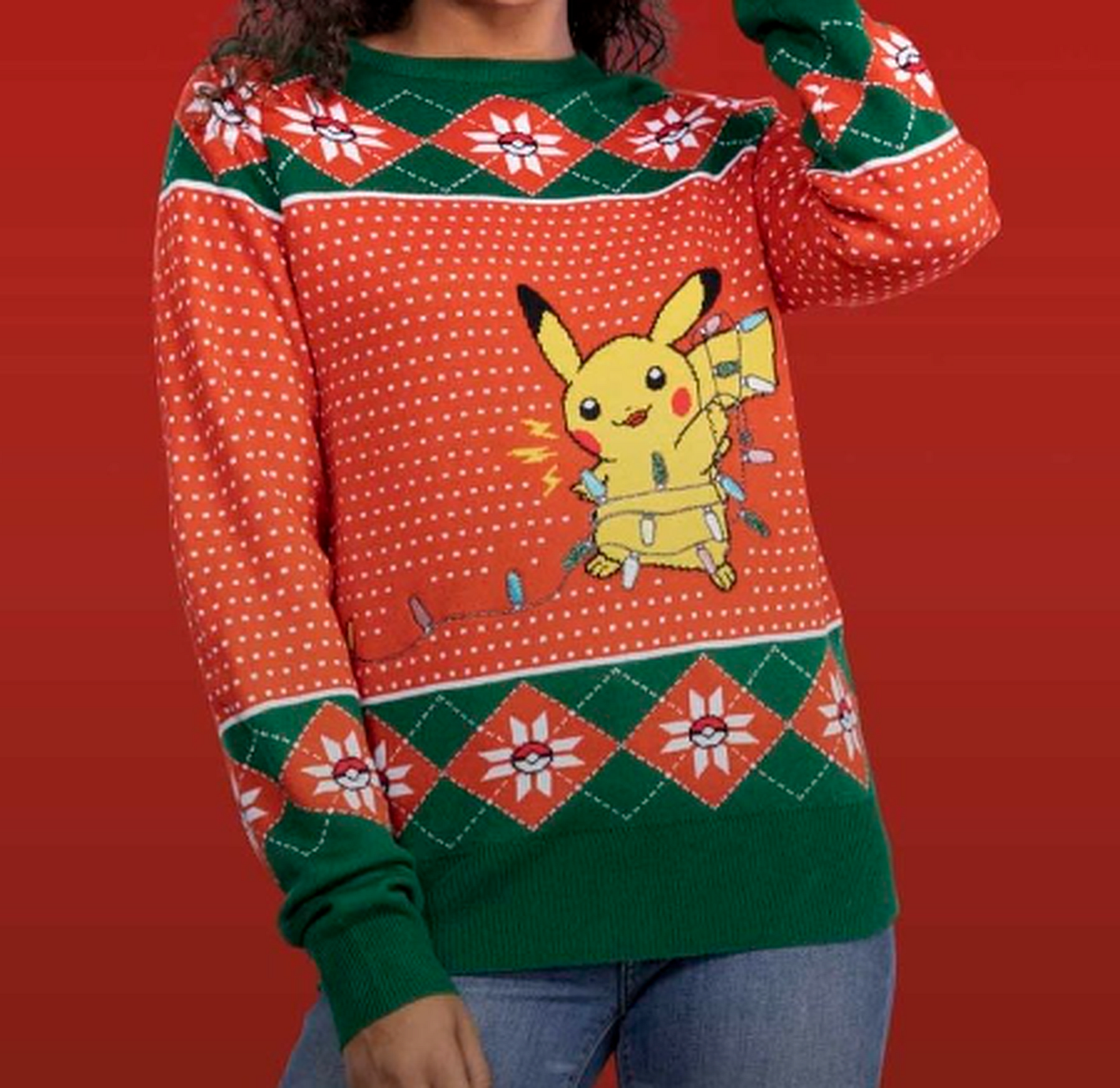 New Pokemon Pikachu Holiday Lights Knit Sweater Unisex Adult (Size L) G22a/23