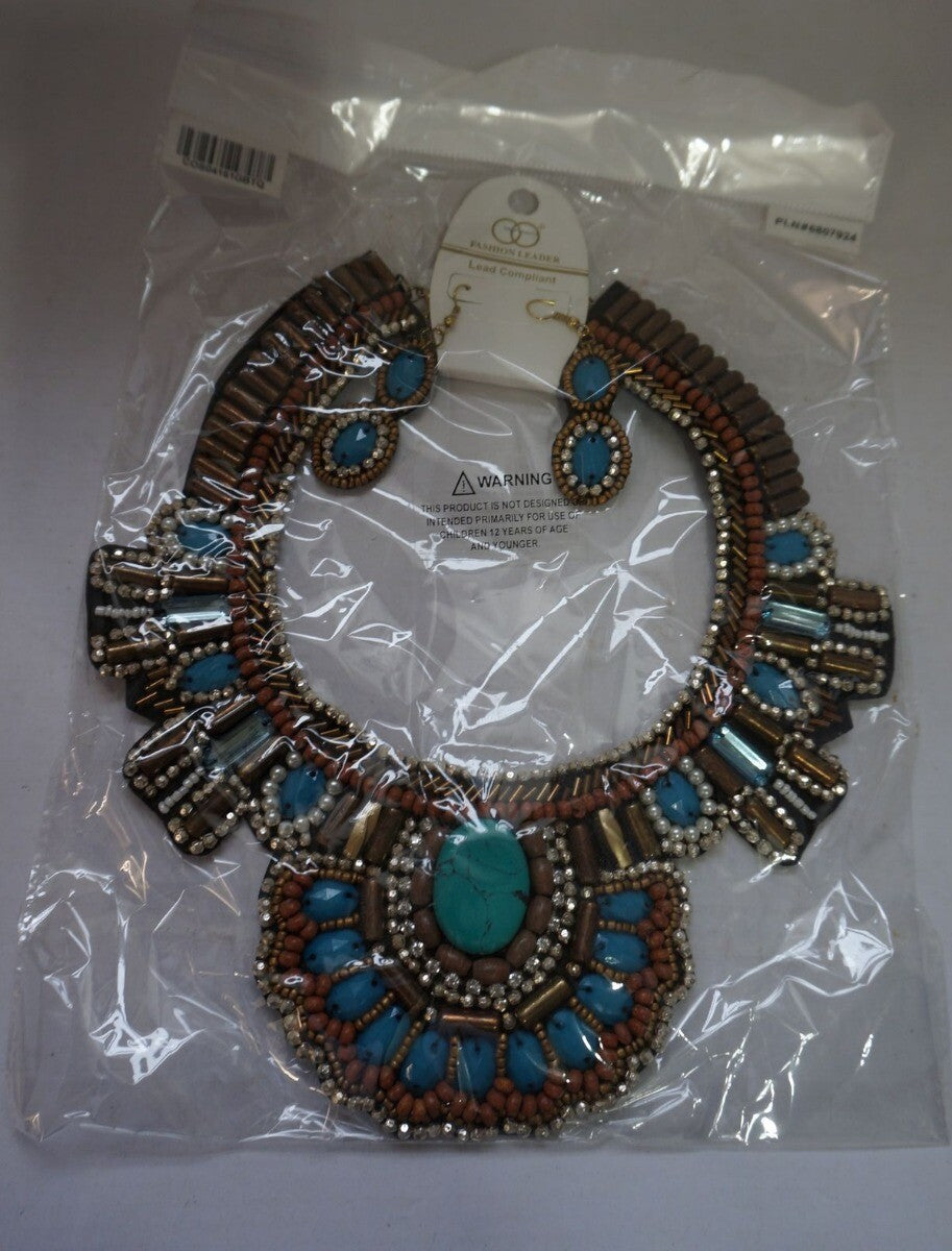 Boho style collar Beaded Turquoise Blue Gold Bib Necklace + earrings ofN/225