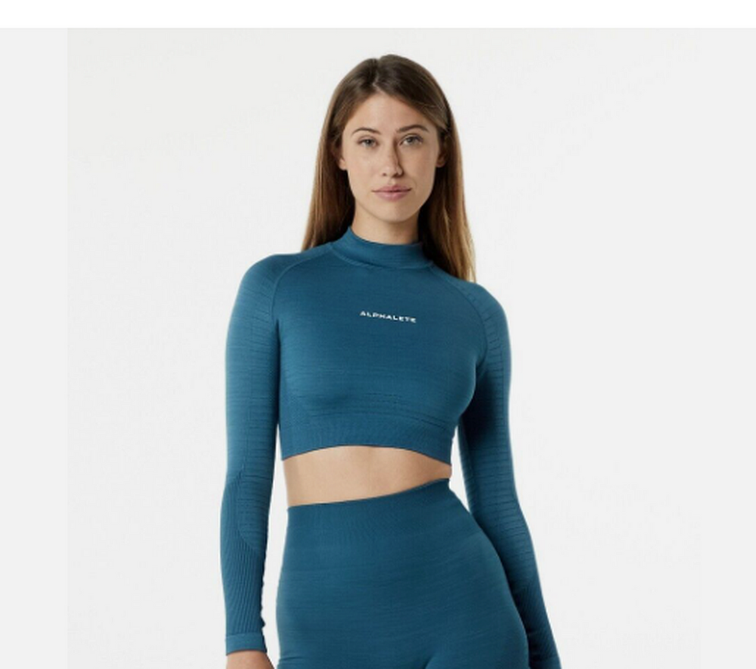 NEW Alphalete Ozone High Neck Ls Crop -Atlantic Blue Size S DD11/20
