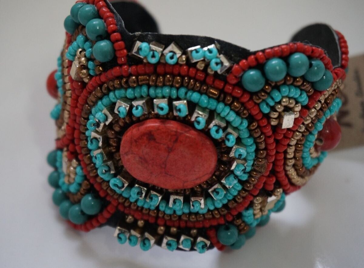 RED TURQUOISE Gold Stones & Beads Oriental style Open Cuff Bracelet /Nof1