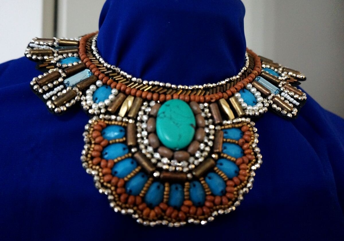 Boho style collar Beaded Turquoise Blue Gold Bib Necklace + earrings ofN/220