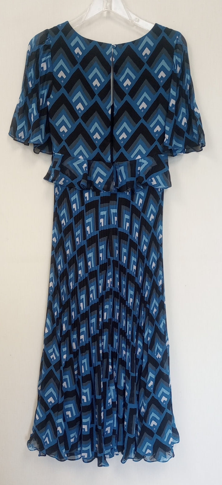 BNWT Club Monaco Gostanzah Pleated Midi Dress Blue Diamond Print Ruffle /N5/126