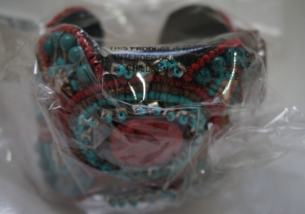 RED TURQUOISE Gold Stones & Beads Oriental style Open Cuff Bracelet /Nof4