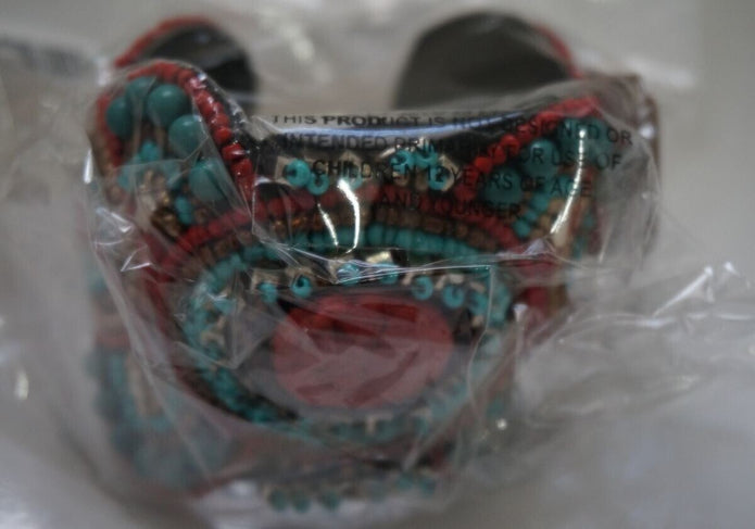 RED TURQUOISE Gold Stones & Beads Oriental style Open Cuff Bracelet /Nof4