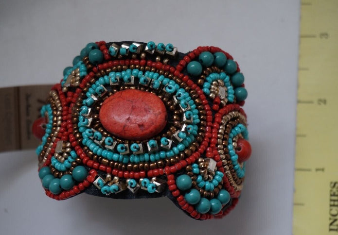 RED TURQUOISE Gold Stones & Beads Oriental style Open Cuff Bracelet /Nof3