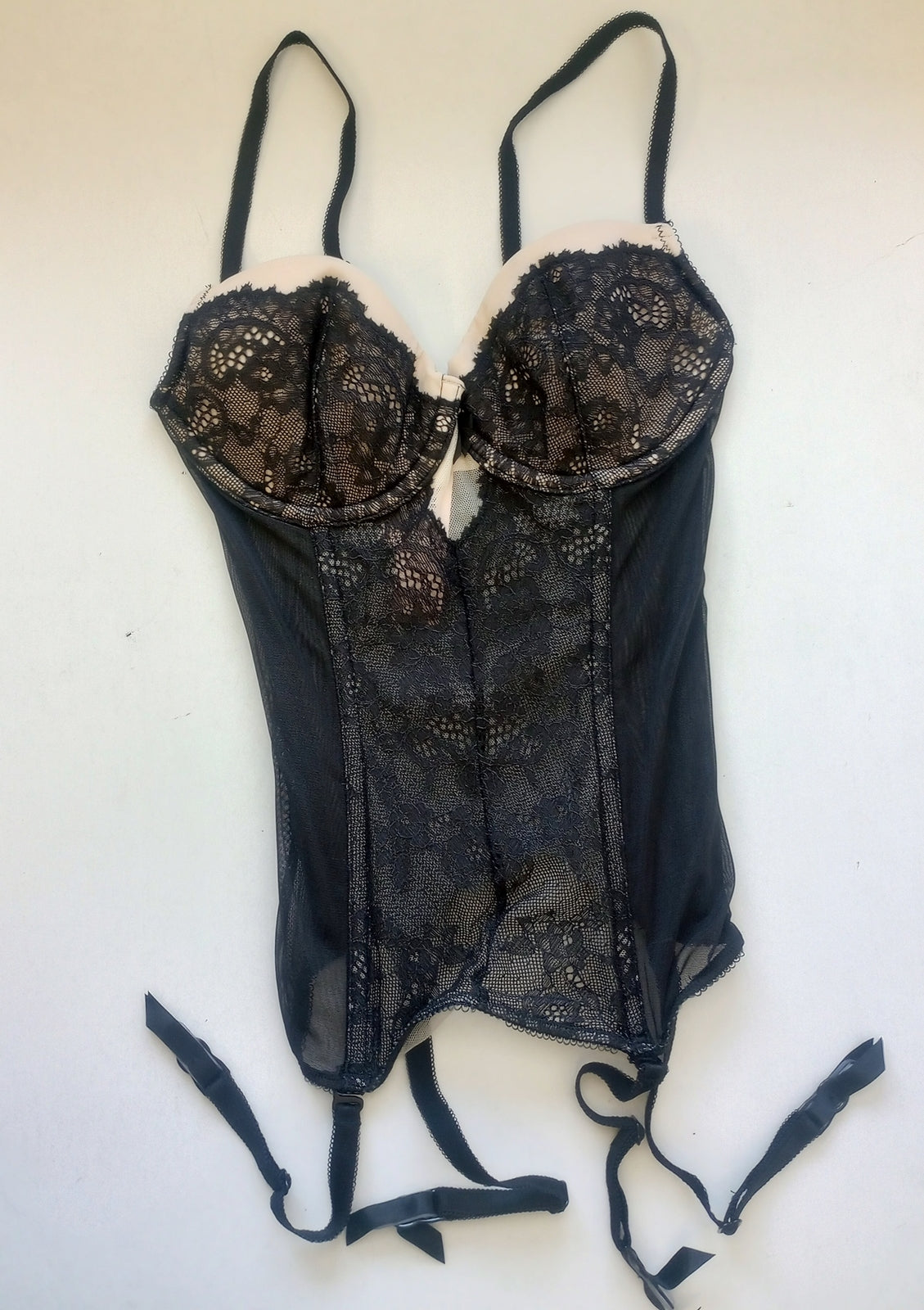 VICTORIA'S SECRET Lace One-Piece BRA GARTERS Lingerie Teddy 32B black/nude/CH41