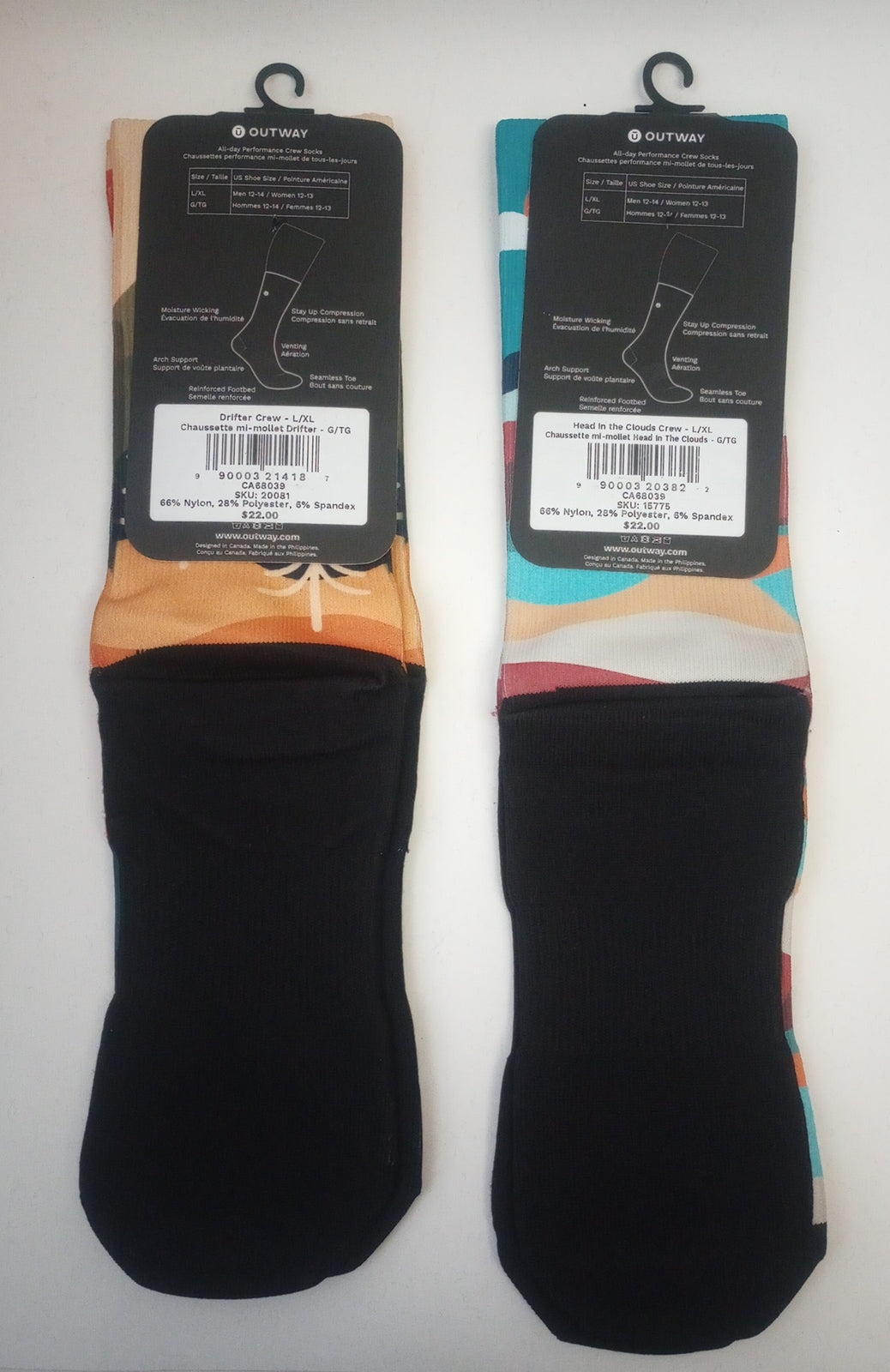 OUTWAY Set of 2  All-day Performance Adventure Crew Socks L/XL /CH27/123