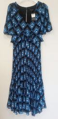 BNWT Club Monaco Gostanzah Pleated Midi Dress Blue Diamond Print Ruffle /N5/123