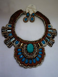 Boho style collar Beaded Turquoise Blue Gold Bib Necklace + earrings ofN/222