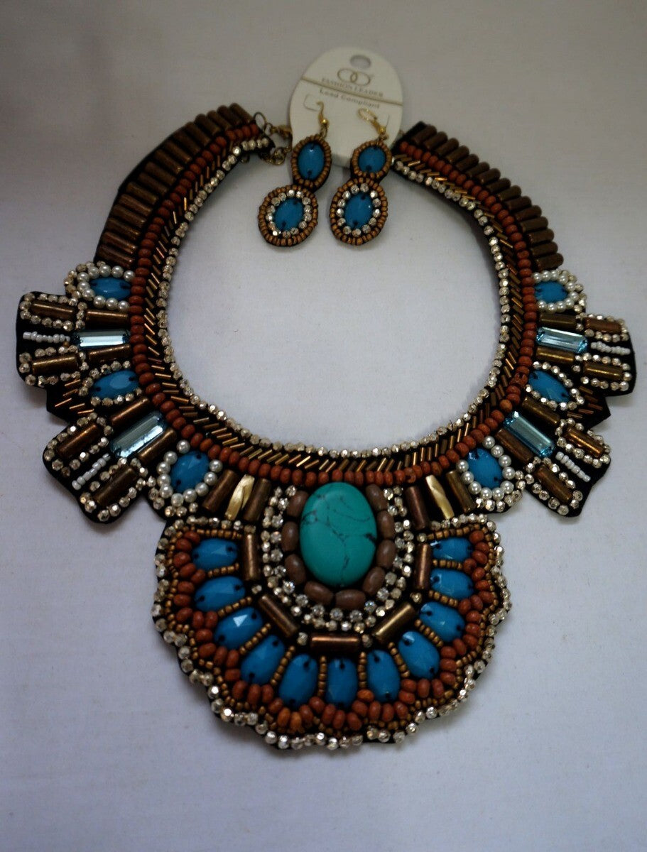 Boho style collar Beaded Turquoise Blue Gold Bib Necklace + earrings ofN/222