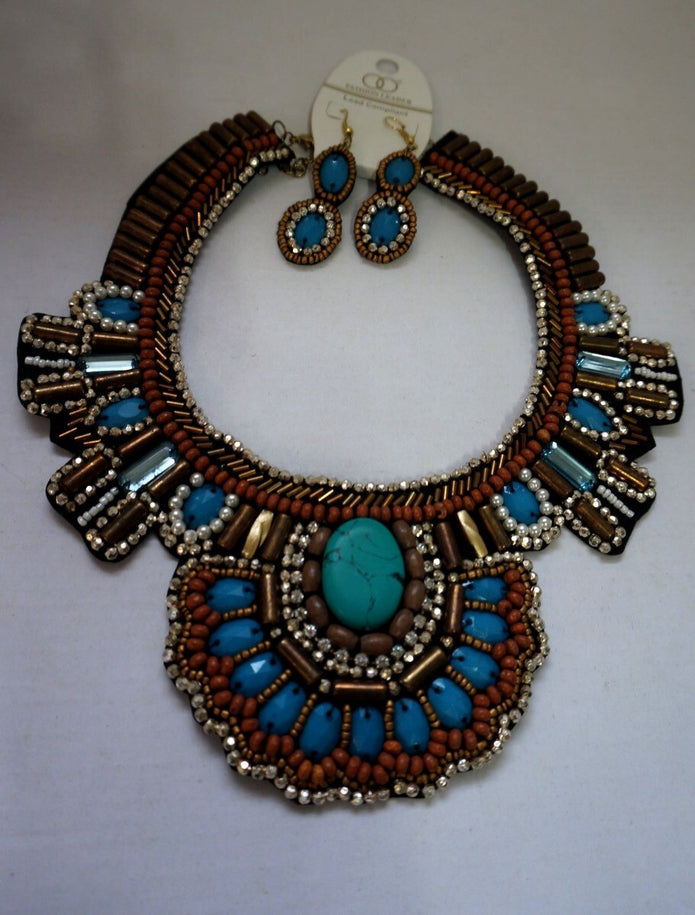 Boho style collar Beaded Turquoise Blue Gold Bib Necklace + earrings ofN/222