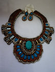 Boho style collar Beaded Turquoise Blue Gold Bib Necklace + earrings ofN/222