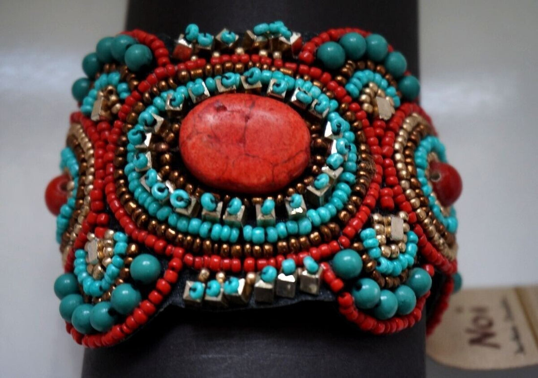 RED TURQUOISE Gold Stones & Beads Oriental style Open Cuff Bracelet /Nof0