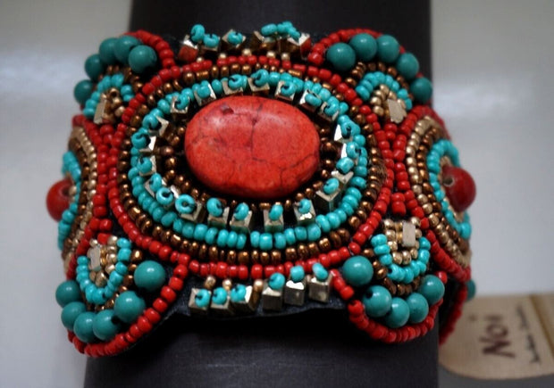 RED TURQUOISE Gold Stones & Beads Oriental style Open Cuff Bracelet /Nof0