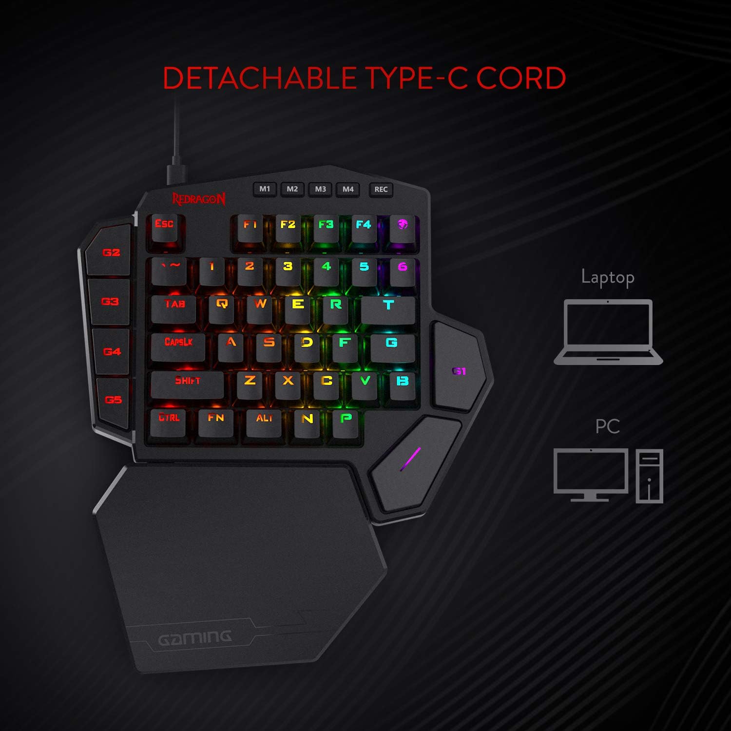Redragon K585 DITI Wired One-Handed RGB Gaming Keyboard, Mechanical Gaming Keypad with 7 Onboard Programmable Macro Keys and Detachable Wrist Rest, Portable 42 Keys in Blue Switches for Laptop