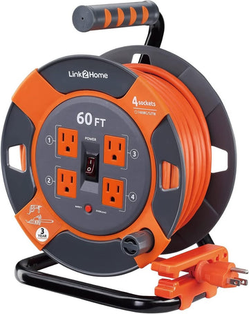 Link2Home Cord Reel 60 ft Extension Cord 4 Power Outlets 14AWG SJTW Cable Heavy Duty Power Cord