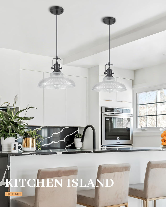 NEW/OPEN BOX  COTTMIC Black Glass Pendant  12in Lights Kitchen Island, Ribbed Glass Pendant ,3 Pack
