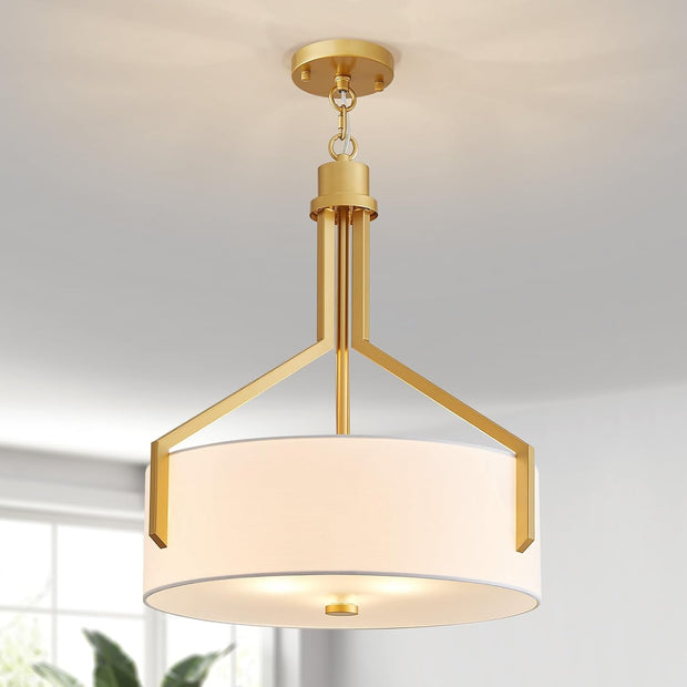 NEW/OPEN BOX  GlowEasely Mid-Century Round Fabric Chandeliers, 3-Light White Textured Linen Shade