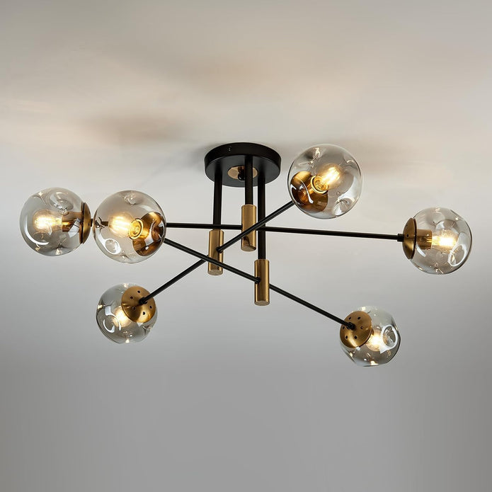 NEW 6-Lights Glass Globe Sputnik Chandelier Modern Flush Mount Ceiling Light ,Black and Gold