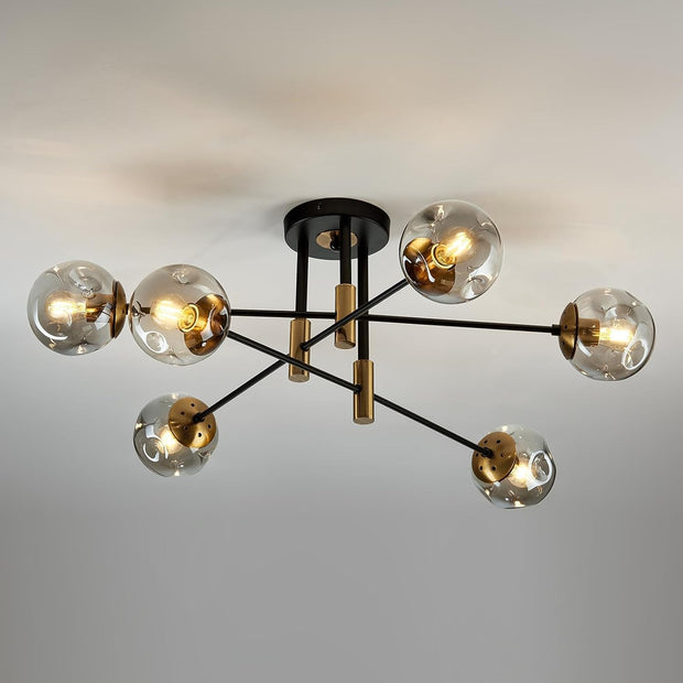 NEW 6-Lights Glass Globe Sputnik Chandelier Modern Flush Mount Ceiling Light ,Black and Gold