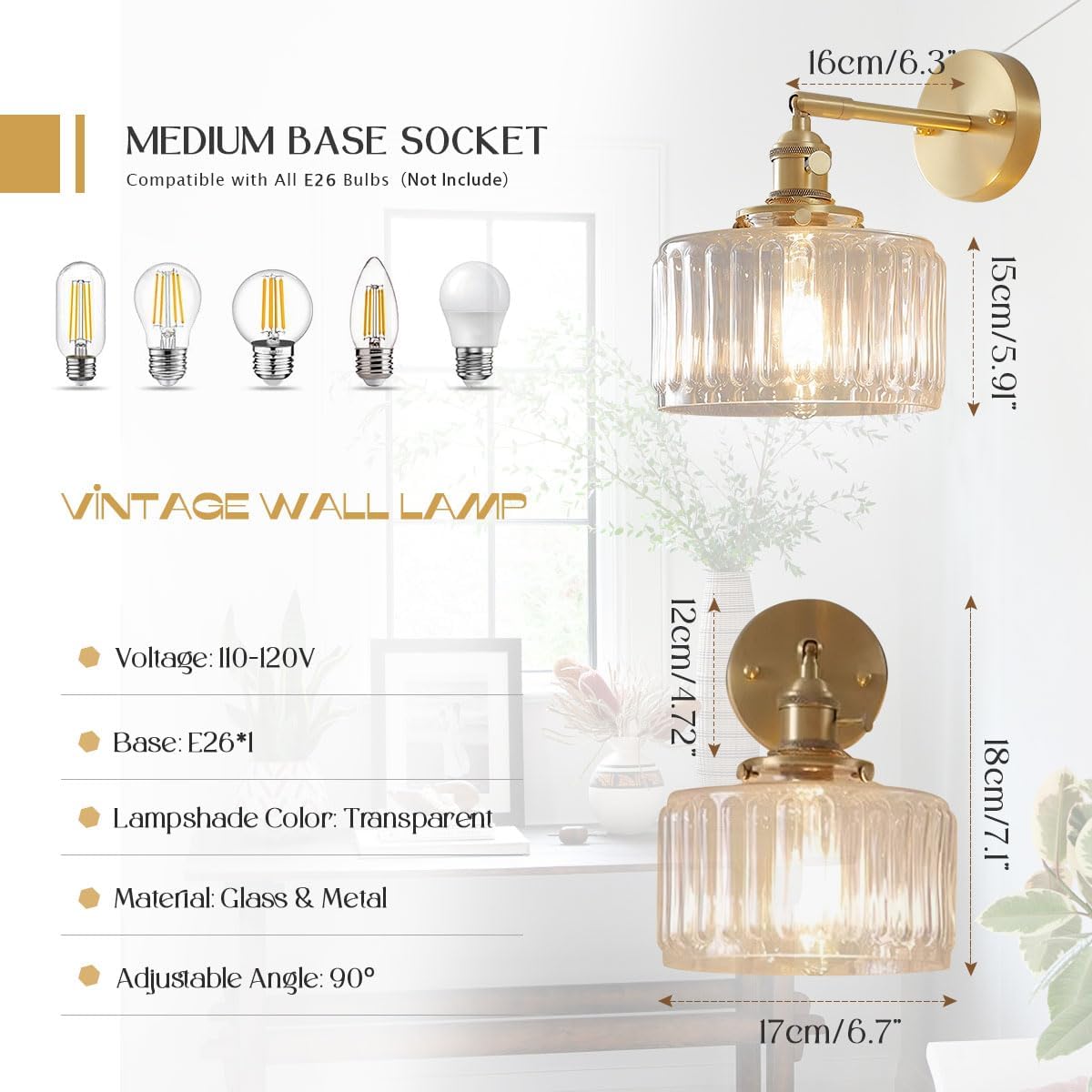 Qufute Glass wall Mount Light Clear Stripe Glass Shade Modern Sconces Swing arm Wall Lighting Brass