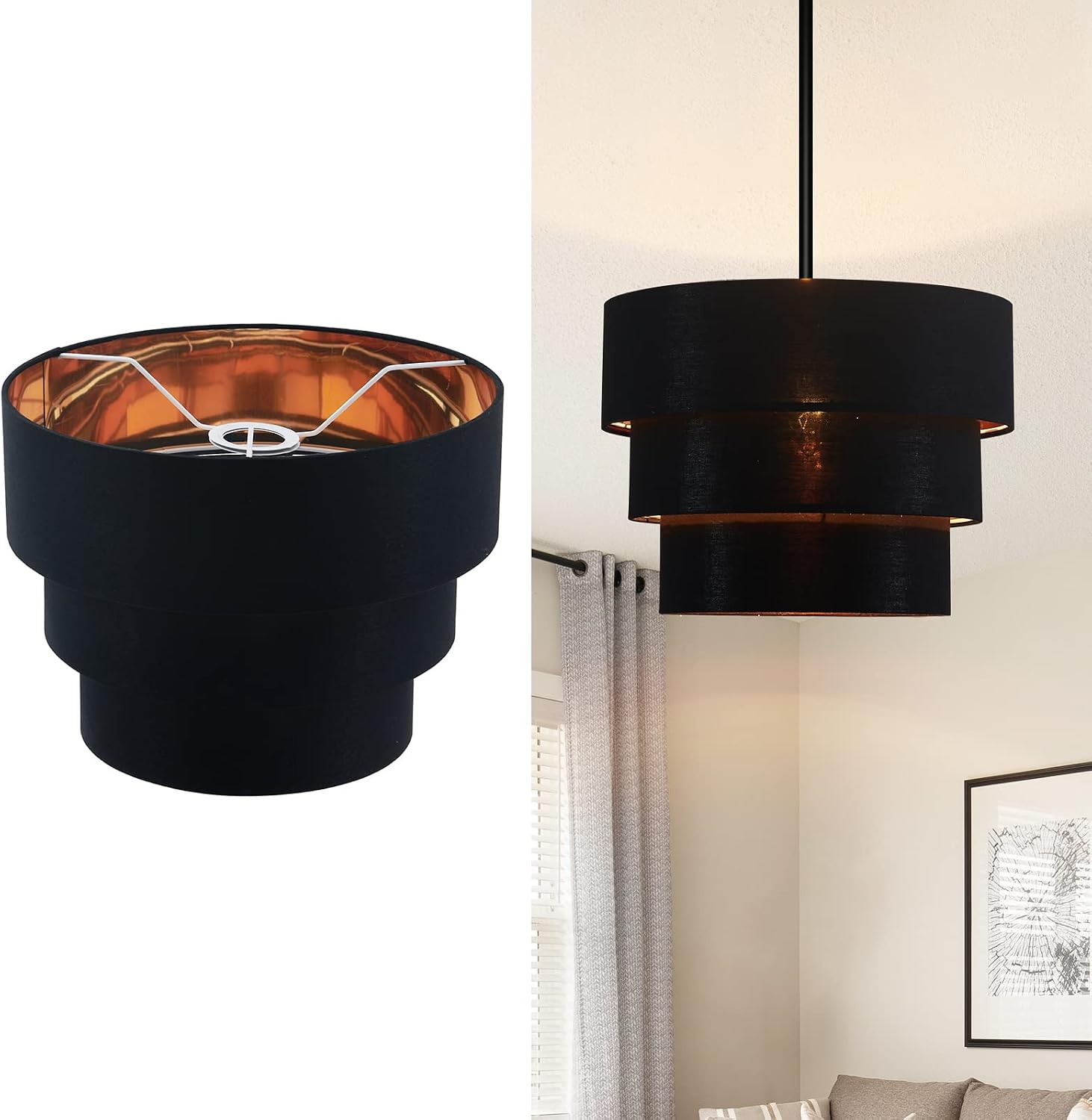 3-Tier Black Drum Chandelier, Modern Ceiling Pendant Lights Fixture Round Adjustable
