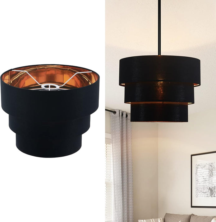 3-Tier Black Drum Chandelier, Modern Ceiling Pendant Lights Fixture Round Adjustable