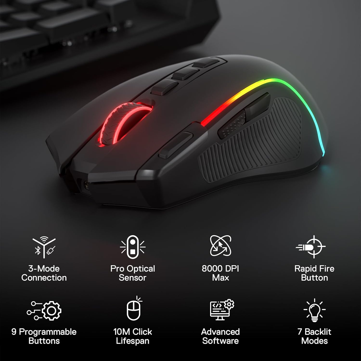 Redragon PREDATOR M612 PRO RGB Gaming Mouse, 8000 DPI Wired/Wireless Optical Mouse,BLACK