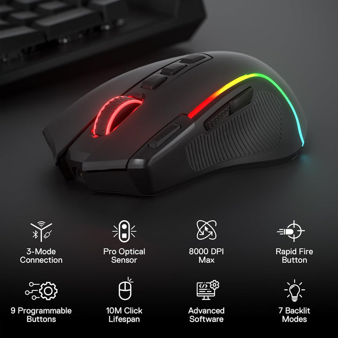Redragon PREDATOR M612 PRO RGB Gaming Mouse, 8000 DPI Wired/Wireless Optical Mouse,BLACK