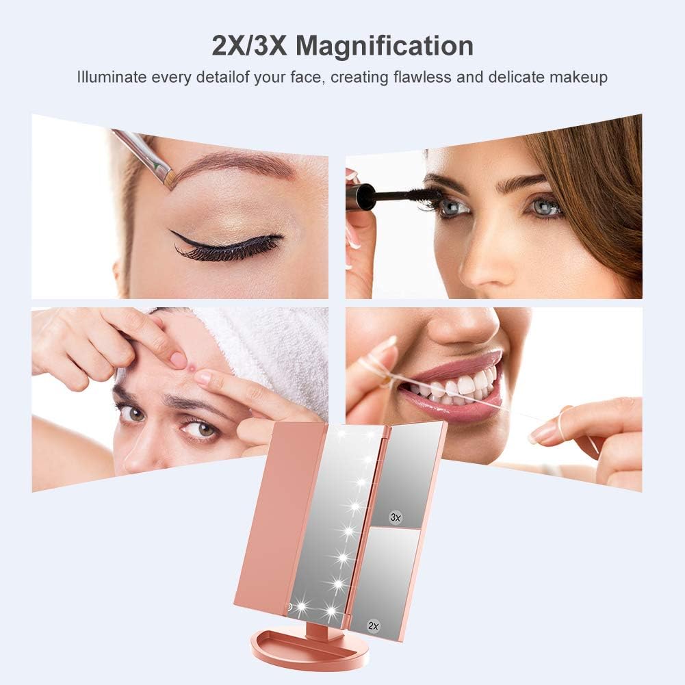 WEILY Vanity Makeup Mirror,1x/2x/3x Tri-Fold Makeup Mirror with 21 LED Lights and Adjustable Touch Screen Lighted Mirror Dressing Mirrors for Women (Rose Gold)